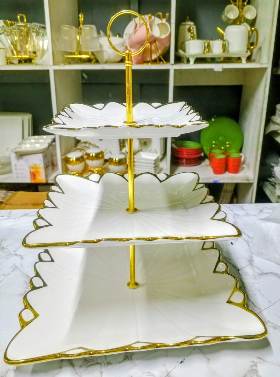 Luxury 3-Tier Cream White & Gold Fruit Basket Stand