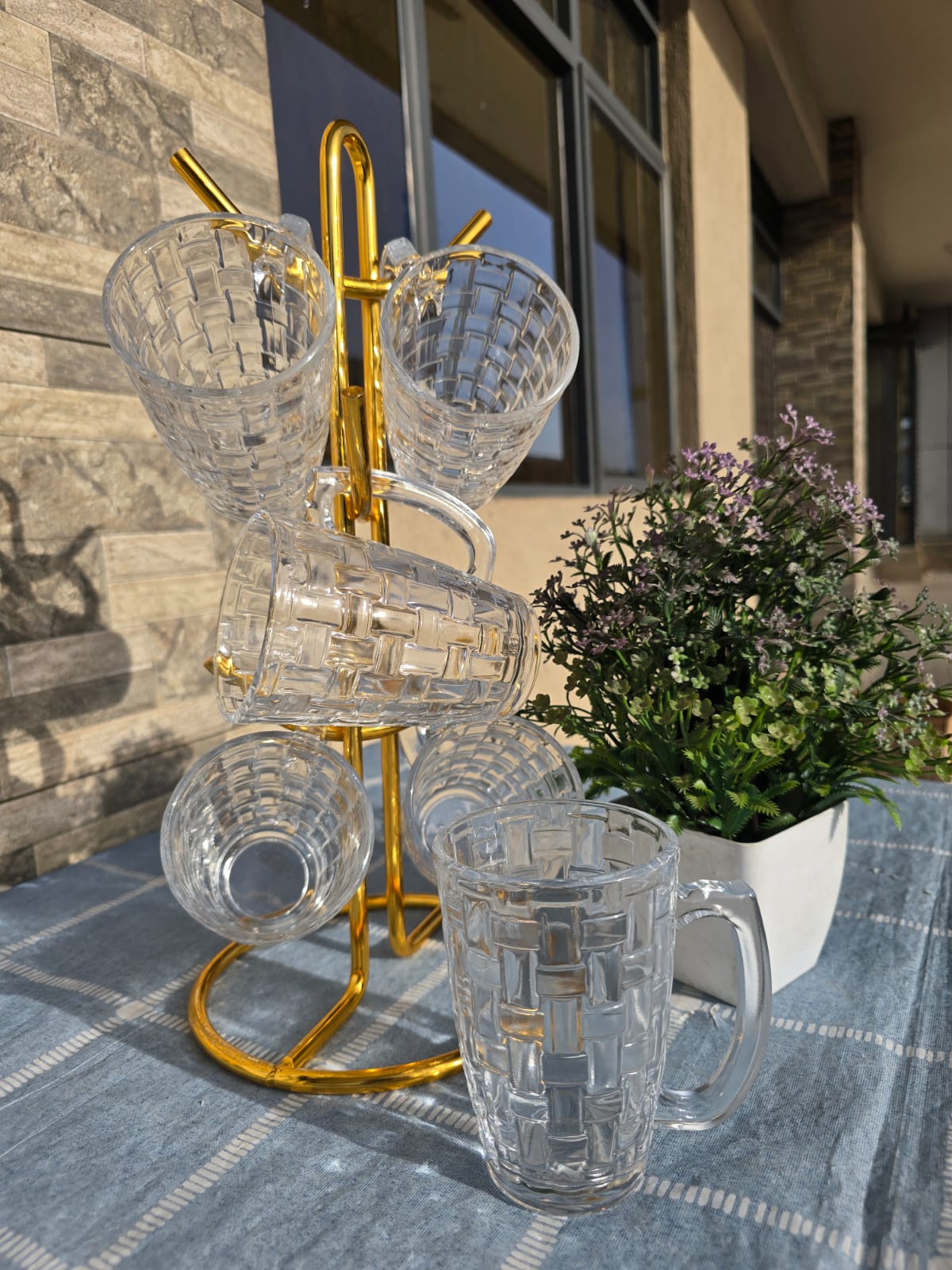 Royal Vintage Basket-Weave Glass Coffee Mugs with Stand (6 Pieces - 320ml)