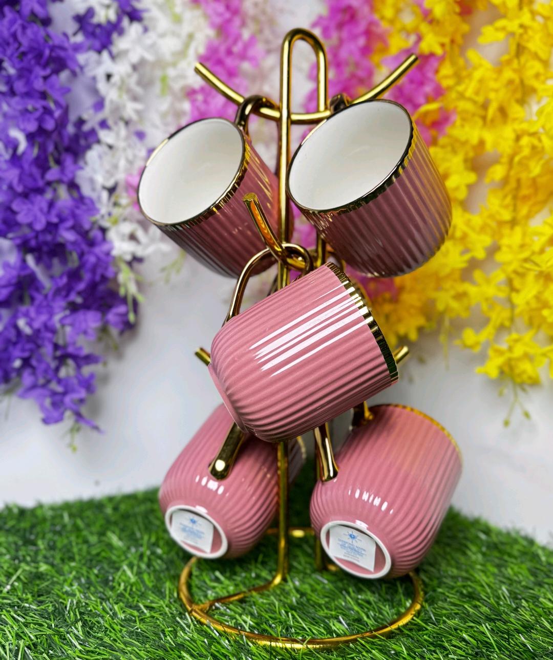 Luxury Mauve Ribbed Ceramic Mug Set with Stand (6 Pieces)
