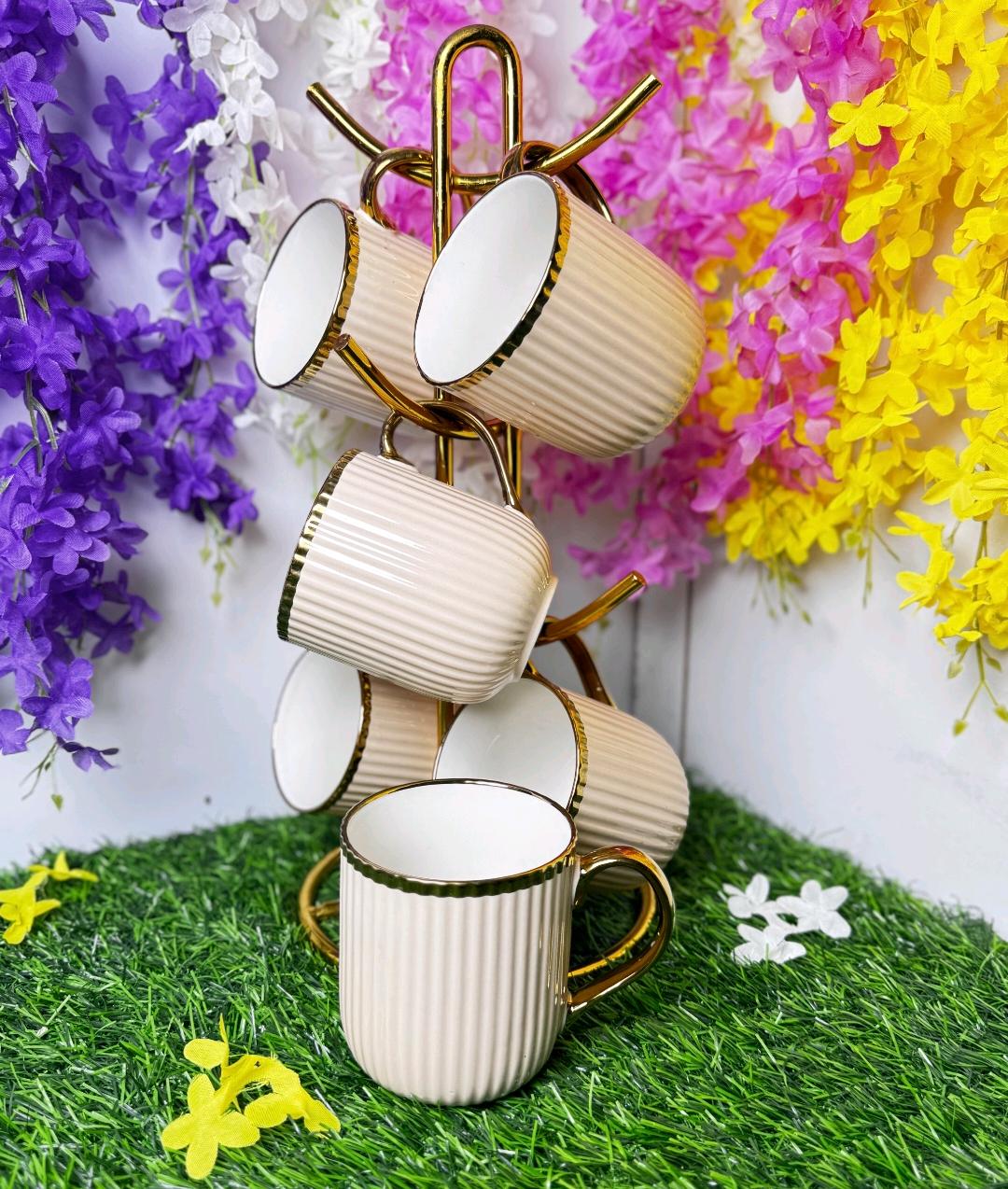 Luxury Mauve Ribbed Ceramic Mug Set with Stand (6 Pieces)