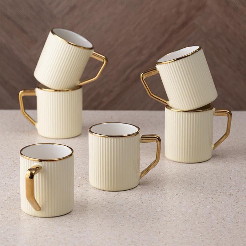Luxury Japanese Style Ribbed Ceramic Mugs with Gold Handles (Set of 6)