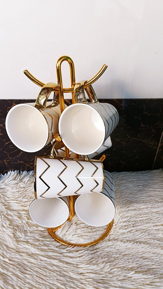 Luxury Gold & White Ceramic Mug Set (6 Pieces)
