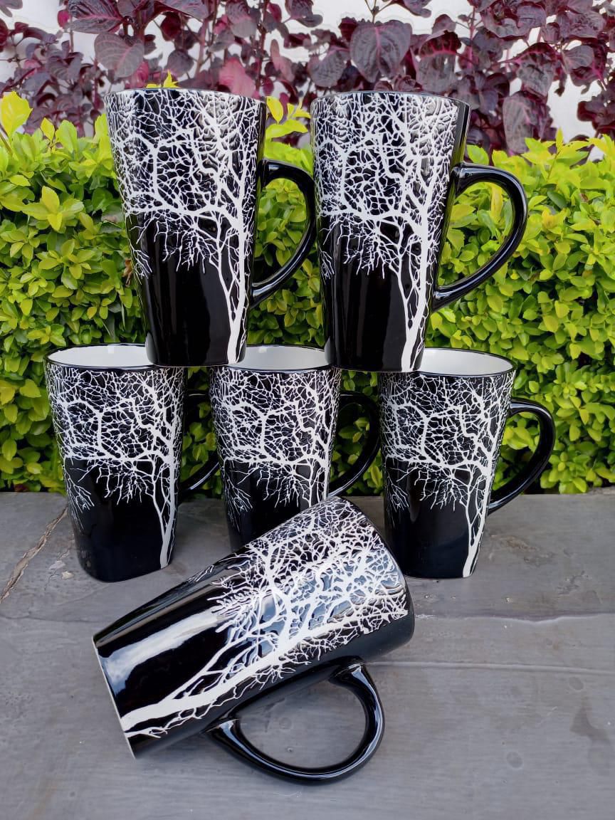 Elegant Black & White Tree Mugs (Set of 6)