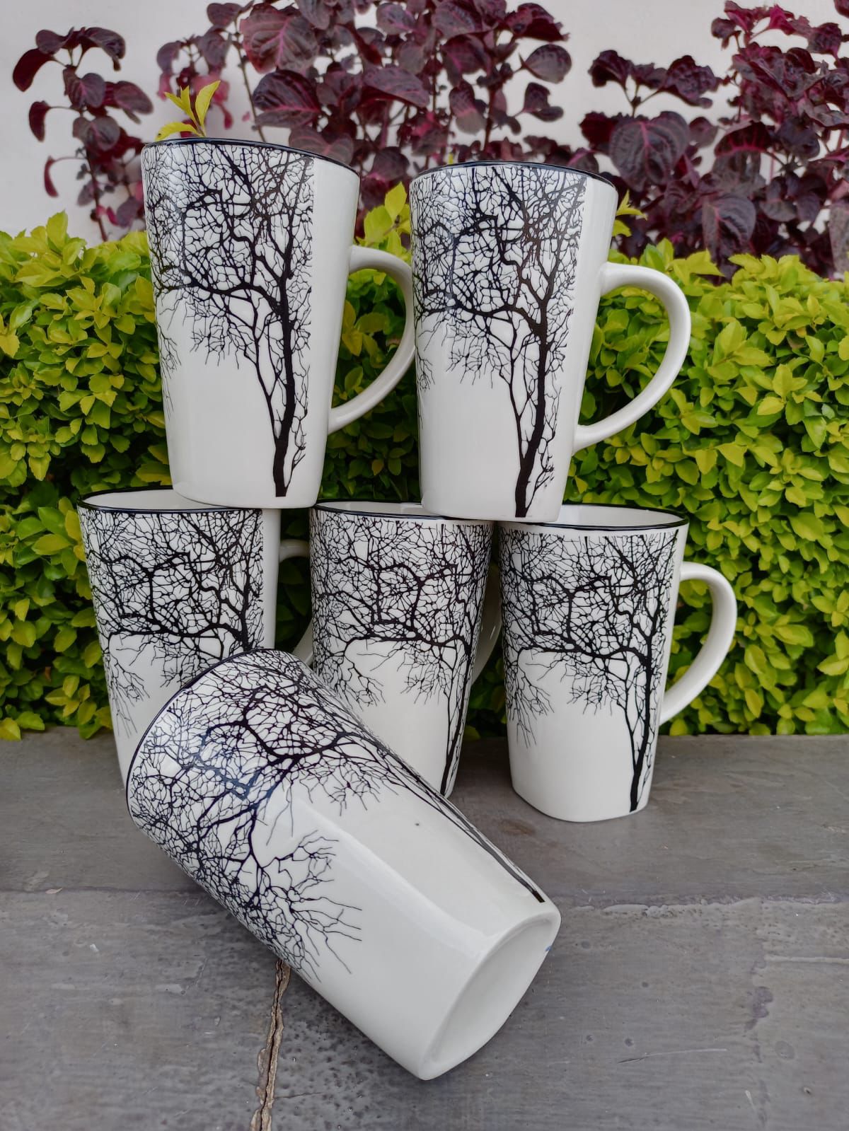 Elegant Black & White Tree Mugs (Set of 6)