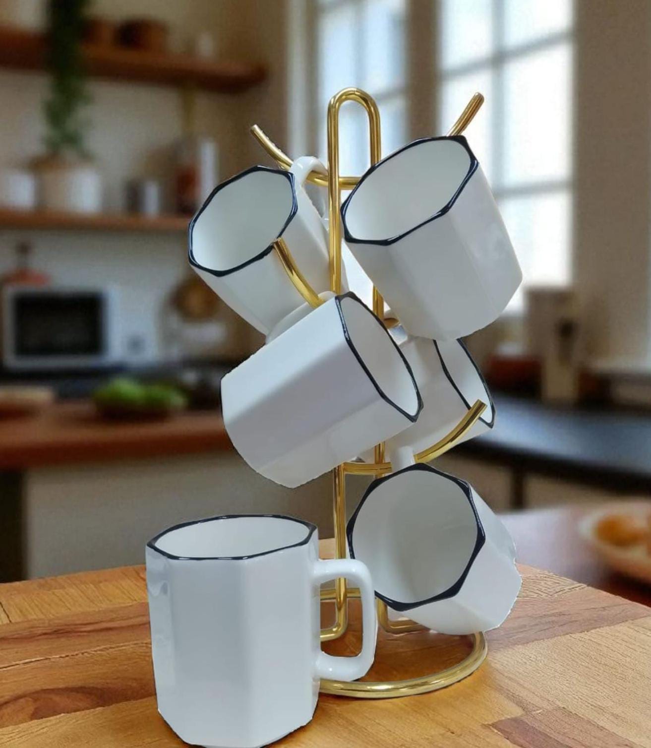 Luxury Geometric Hexagonal Ceramic Mug Set with Stand (6 Pieces - 350ml)