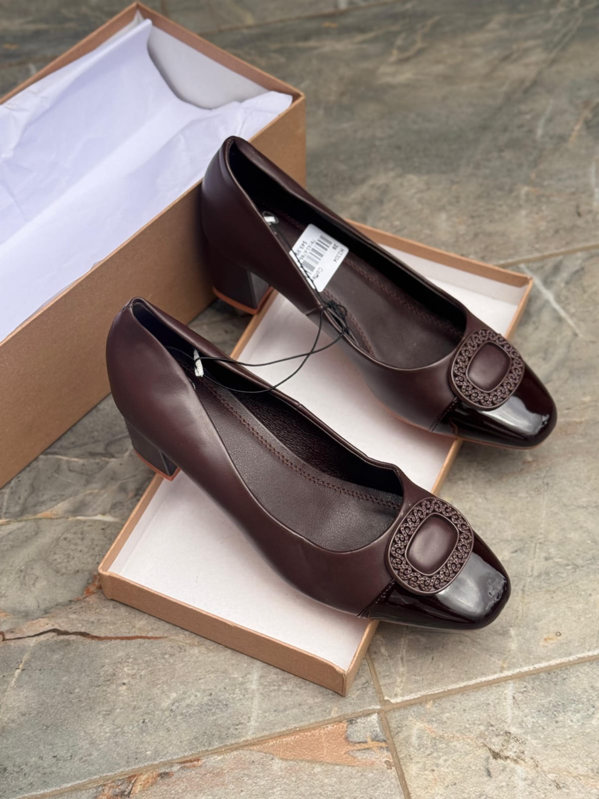 IMPO Leather Wet-Look Round-Toe Chunky Block Heels