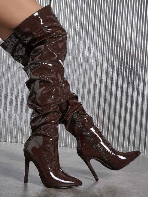 Ladies Wet-Look Patent Slouchy Stiletto High Boots