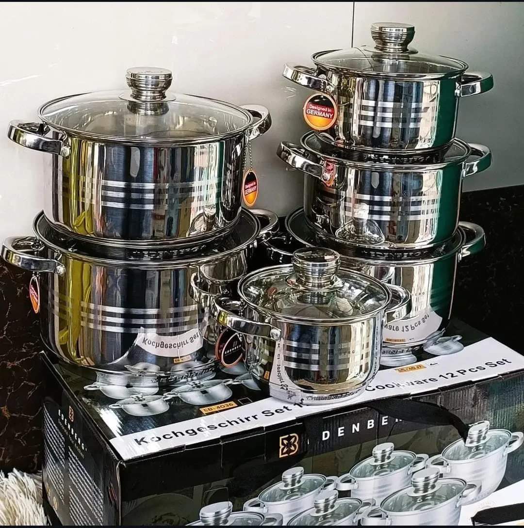Edenberg Premium Stainless Steel Cookware Sufuria Set with Glass Lids (12 Pieces - 2.1L to 8.2L)