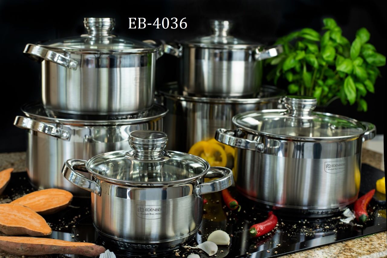 Edenberg EB-4036 Premium Stainless Steel Cookware Sufuria Set with Glass Lids (12 Pieces - 2.1L to 8.2L)