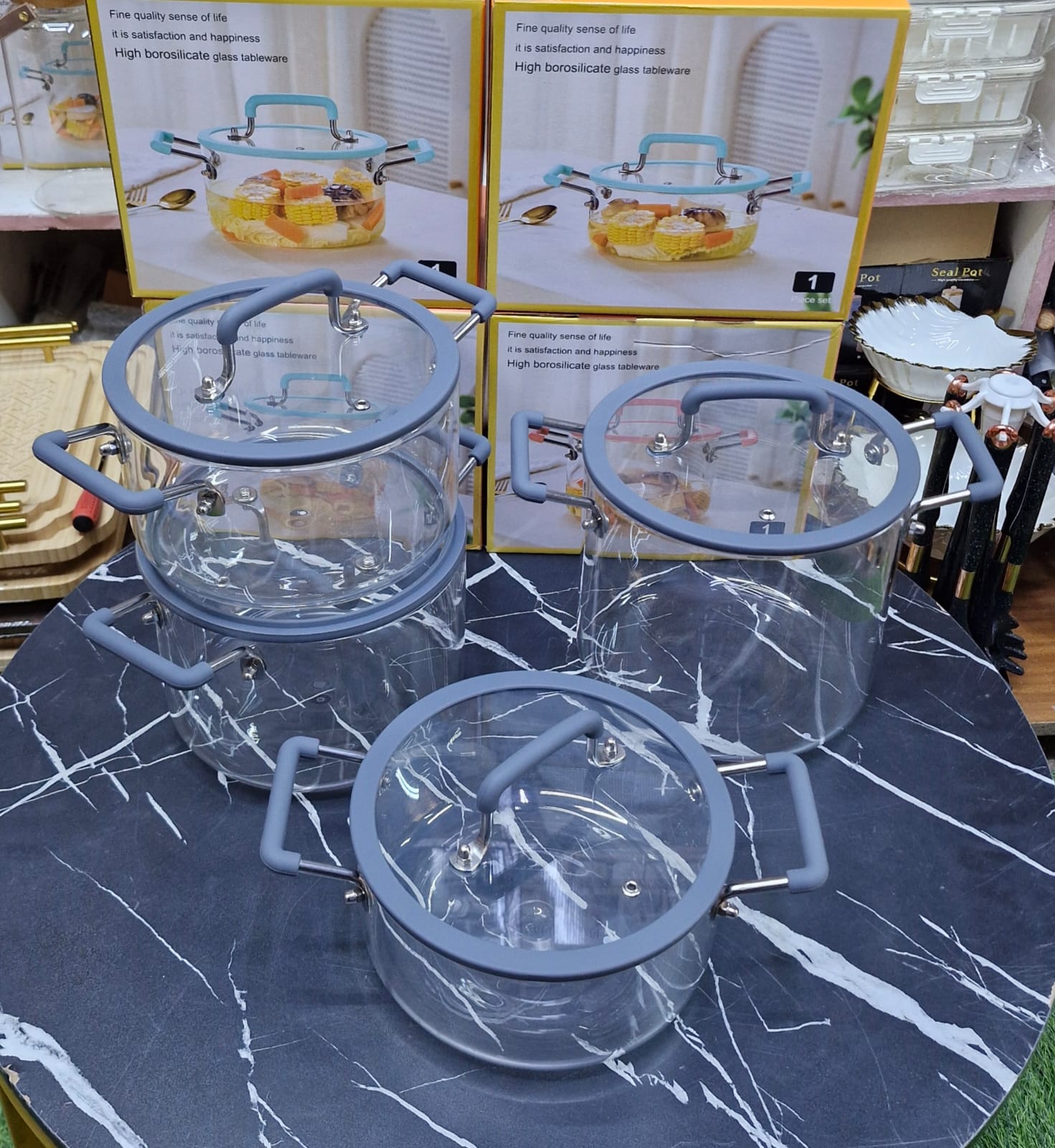 🔥 2-IN-1 TRANSPARENT BOROSILICATE GLASS COOK & SERVE POT SET (4 PCS)
