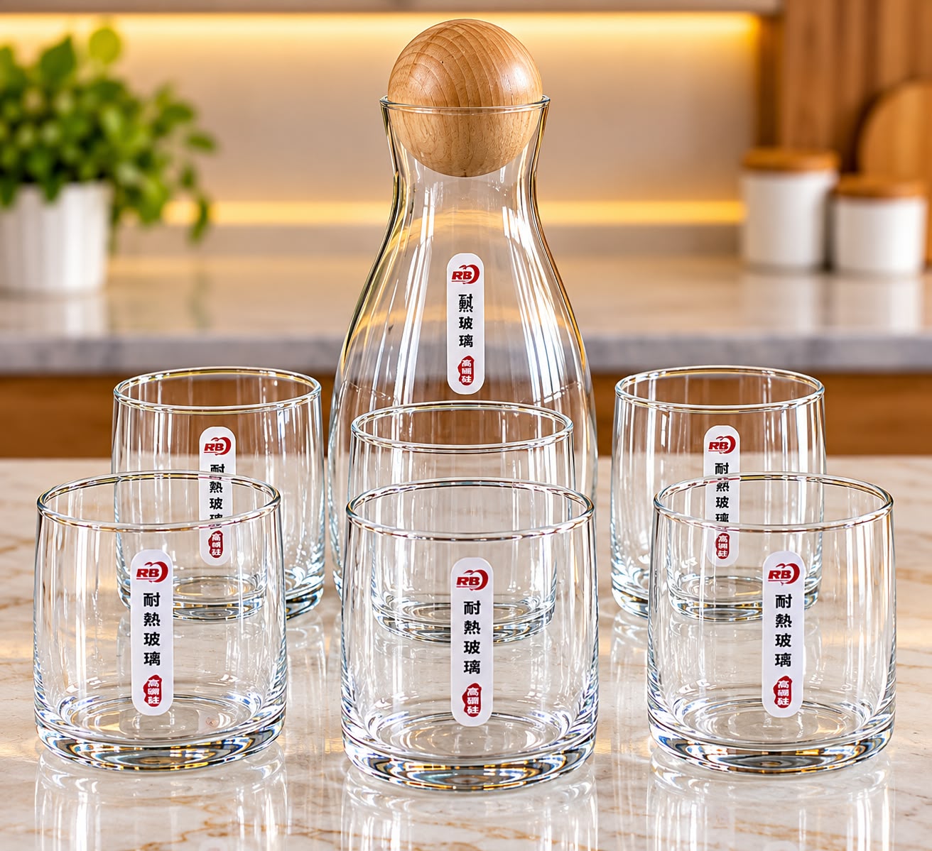 WOODEN BALL LID GLASS CARAFE & 6-CUP SET