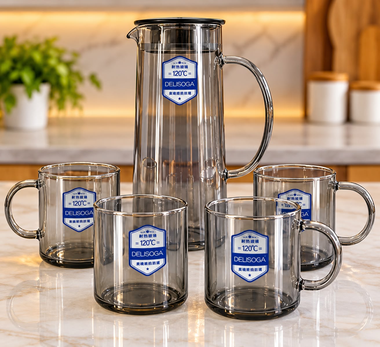 ☕✨ SMOKE GREY HEAT-RESISTANT JUG & 4-CUP SET