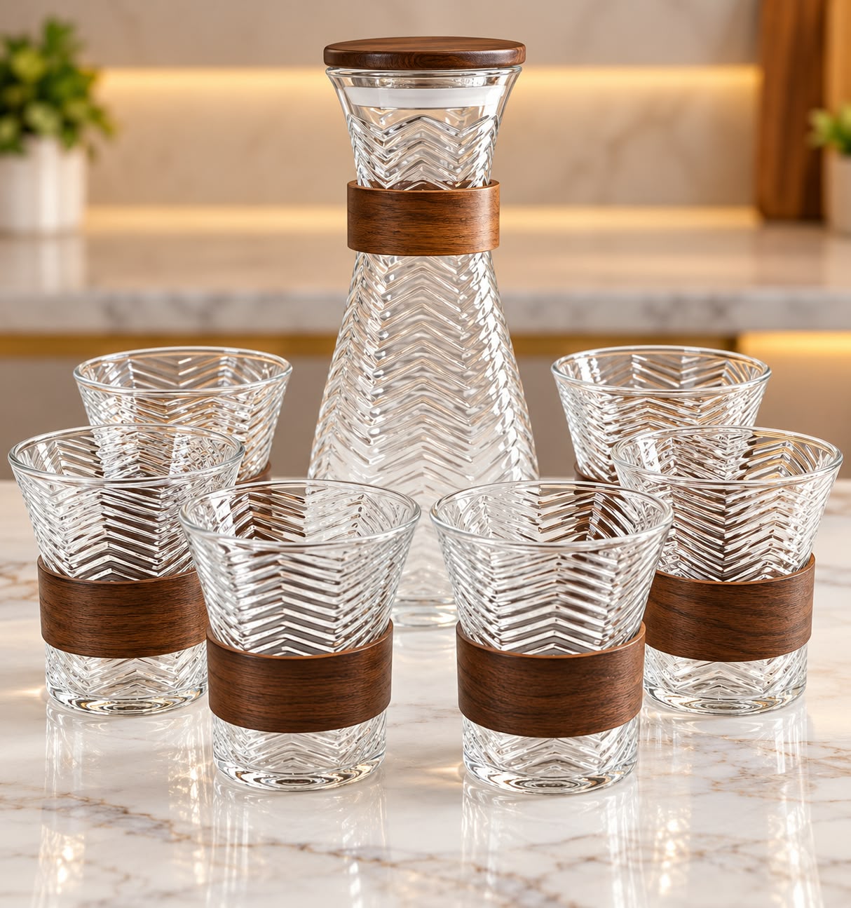 WOODEN-ACCENT TEXTURED GLASS JUG & 6-CUP SET