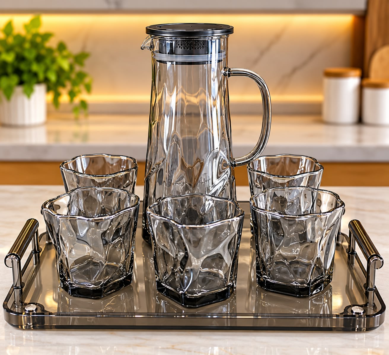 SMOKED GREY LUXURY GLASSWARE SET WITH SERVING TRAY