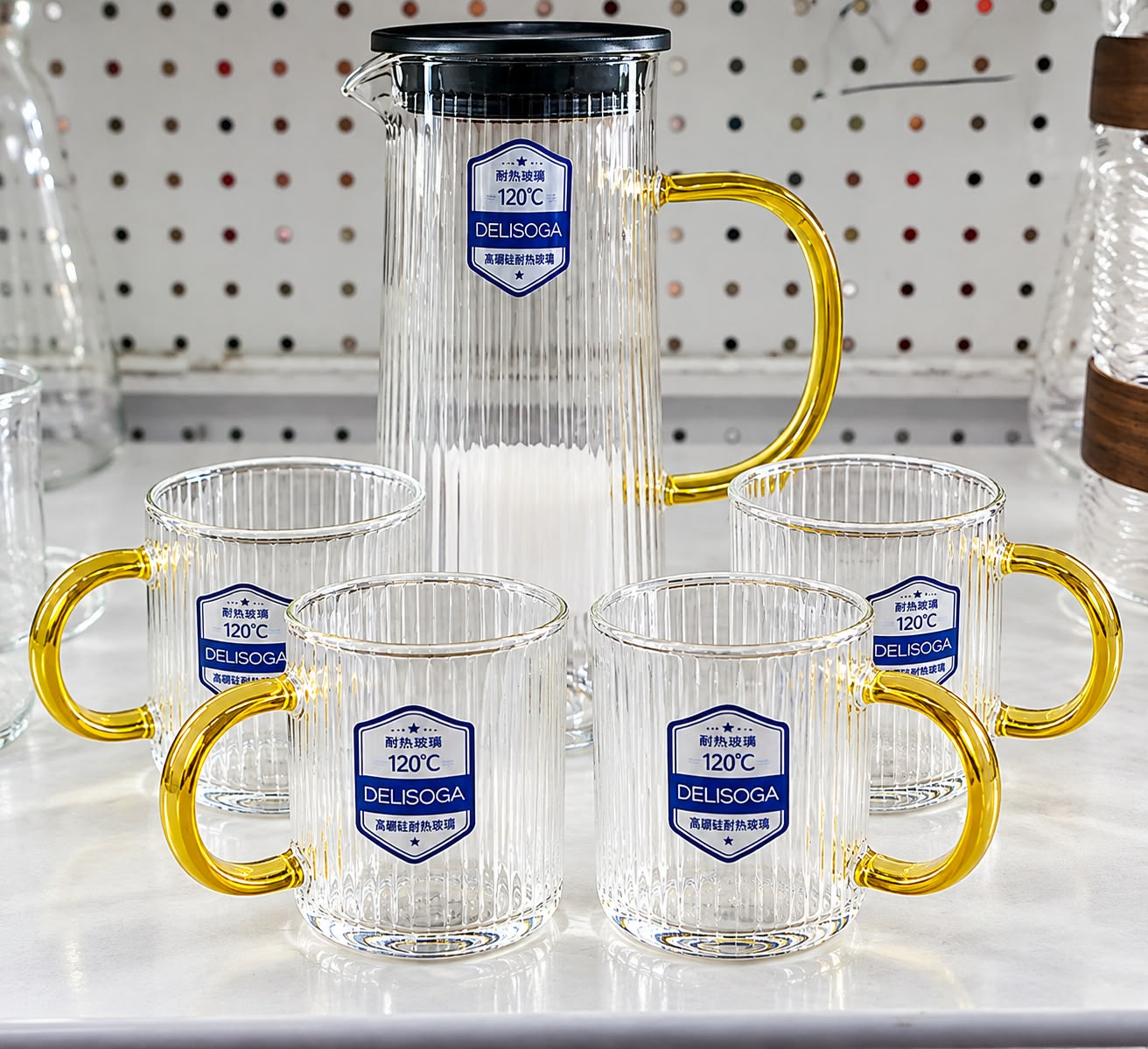 LUXURY GLASS JUG & CUP SET WITH GOLD HANDLES