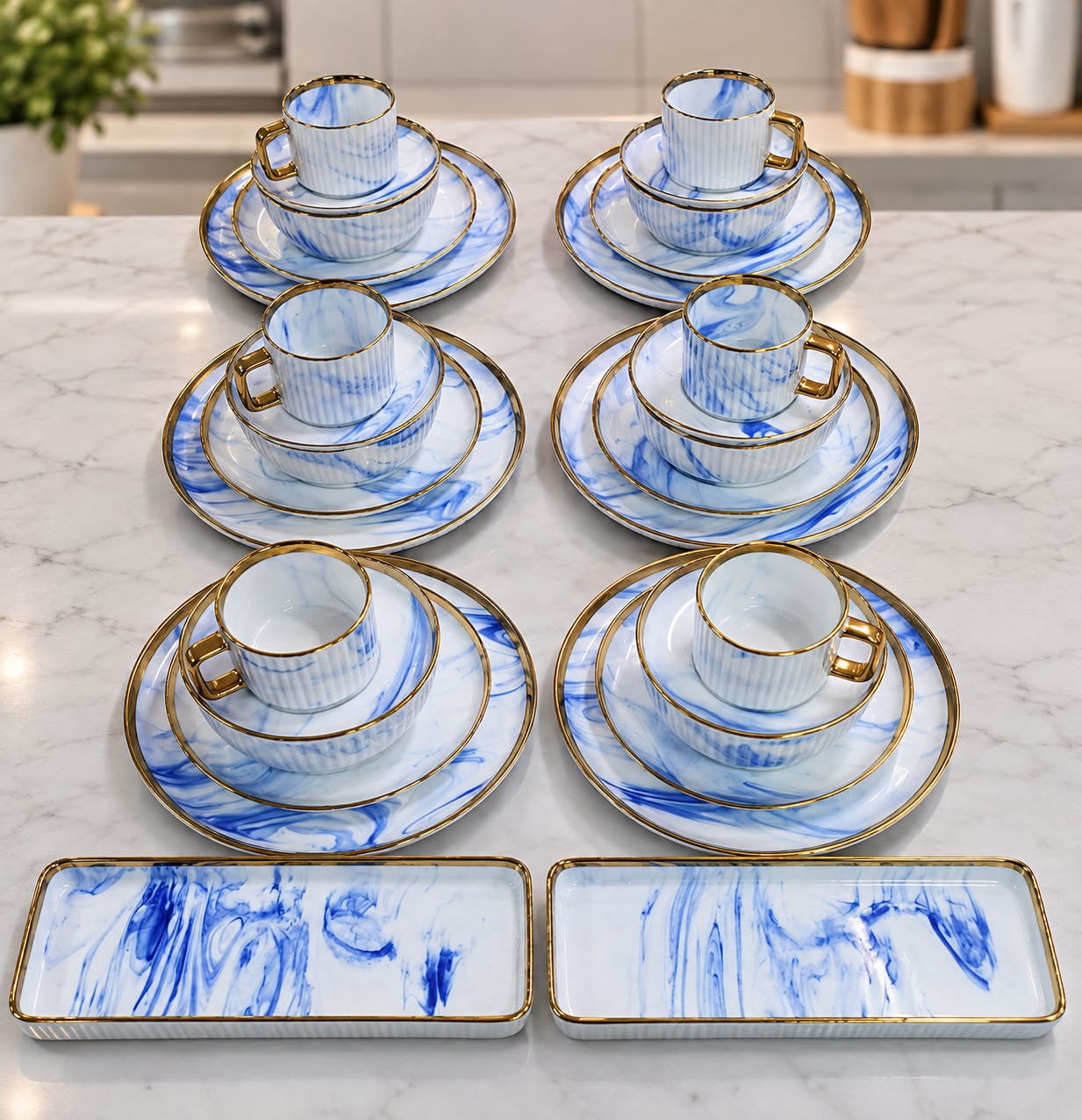 32PC MARBLE-INSPIRED LUXURY DINNER SET WITH GOLD DETAILING