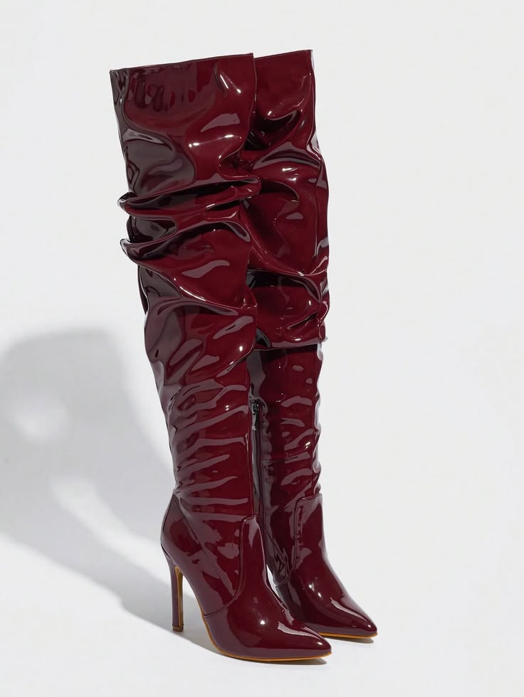 Ladies Wet-Look Patent Slouchy Stiletto High Boots